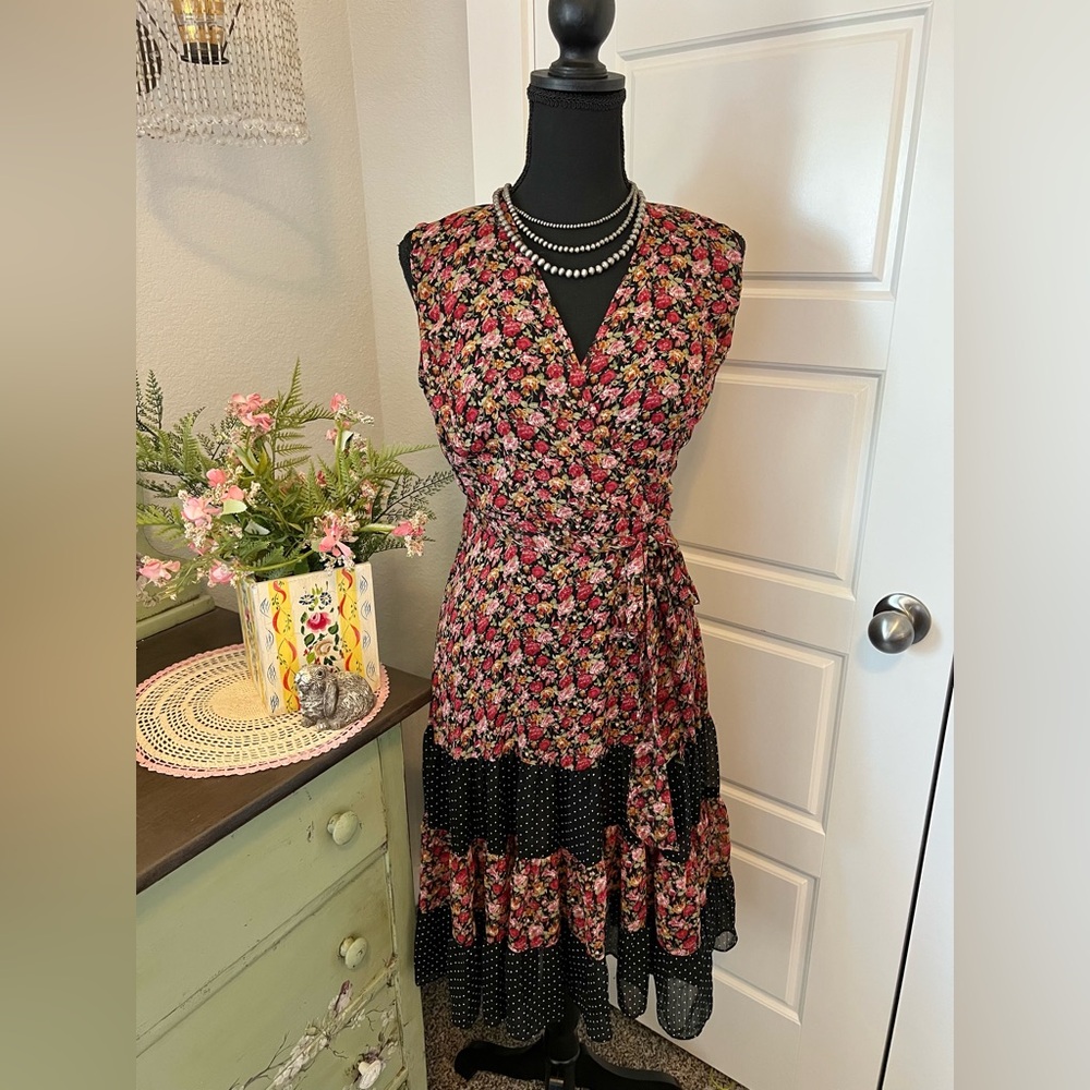Dress Barn Y2k Red Rose Floral Black White Polkadot Tiered Sheer MIDI Dress Sz 4